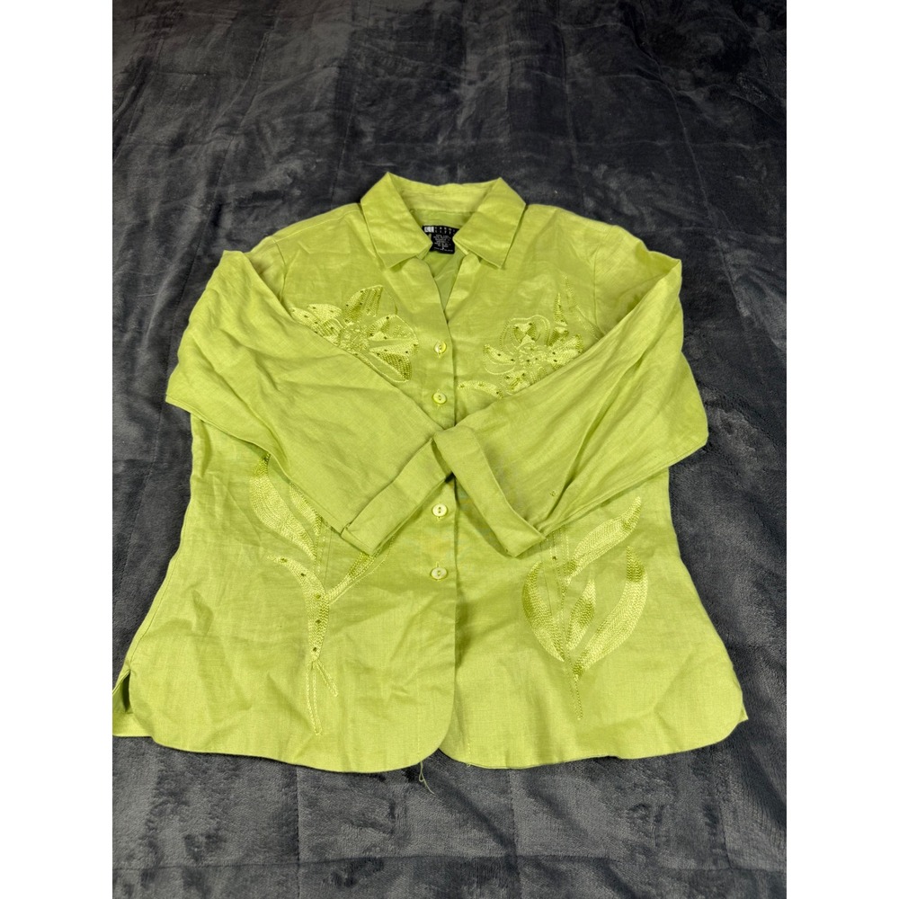 Carole Little Linen‎ Blend Button Down Top Floral Embroidered Chartreuse Small
